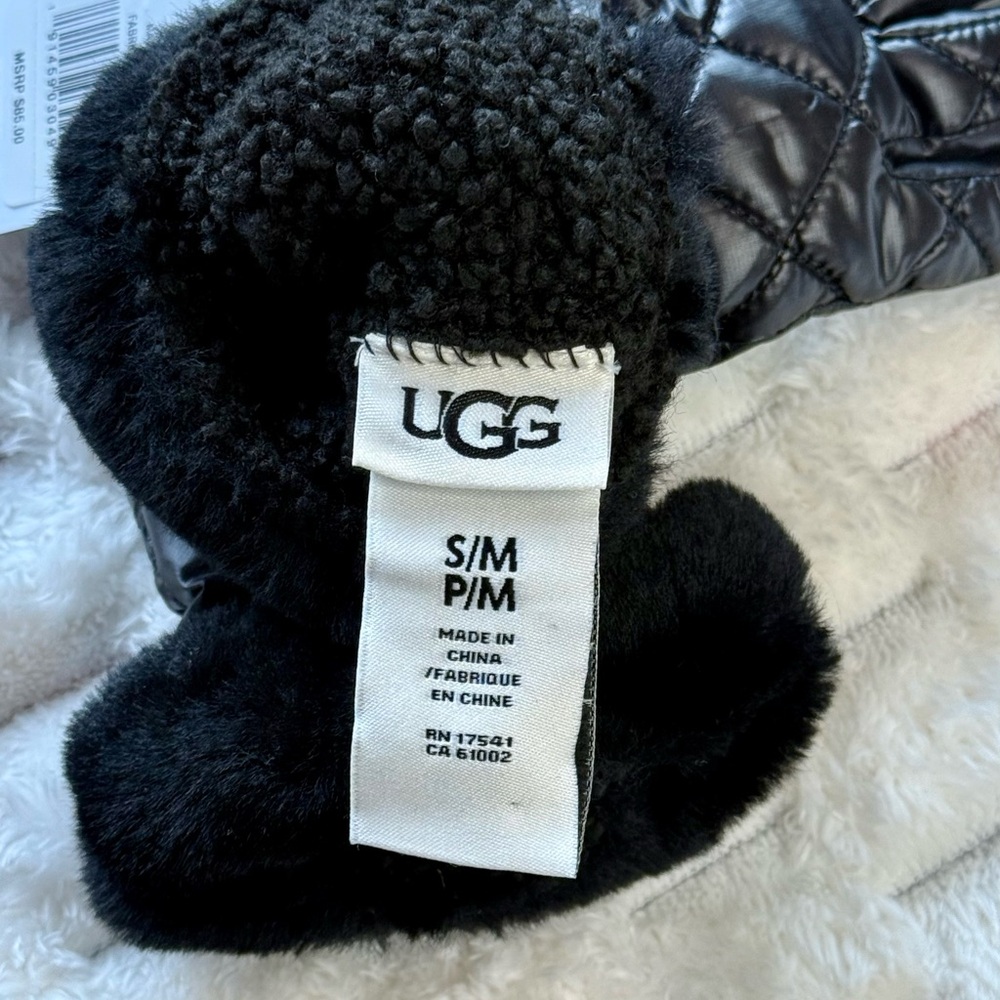 NEW UGG Size S/M Women's Gloves Black Shearling Cuff Leather Palm Quilted TOUCH - Picture 3 of 3